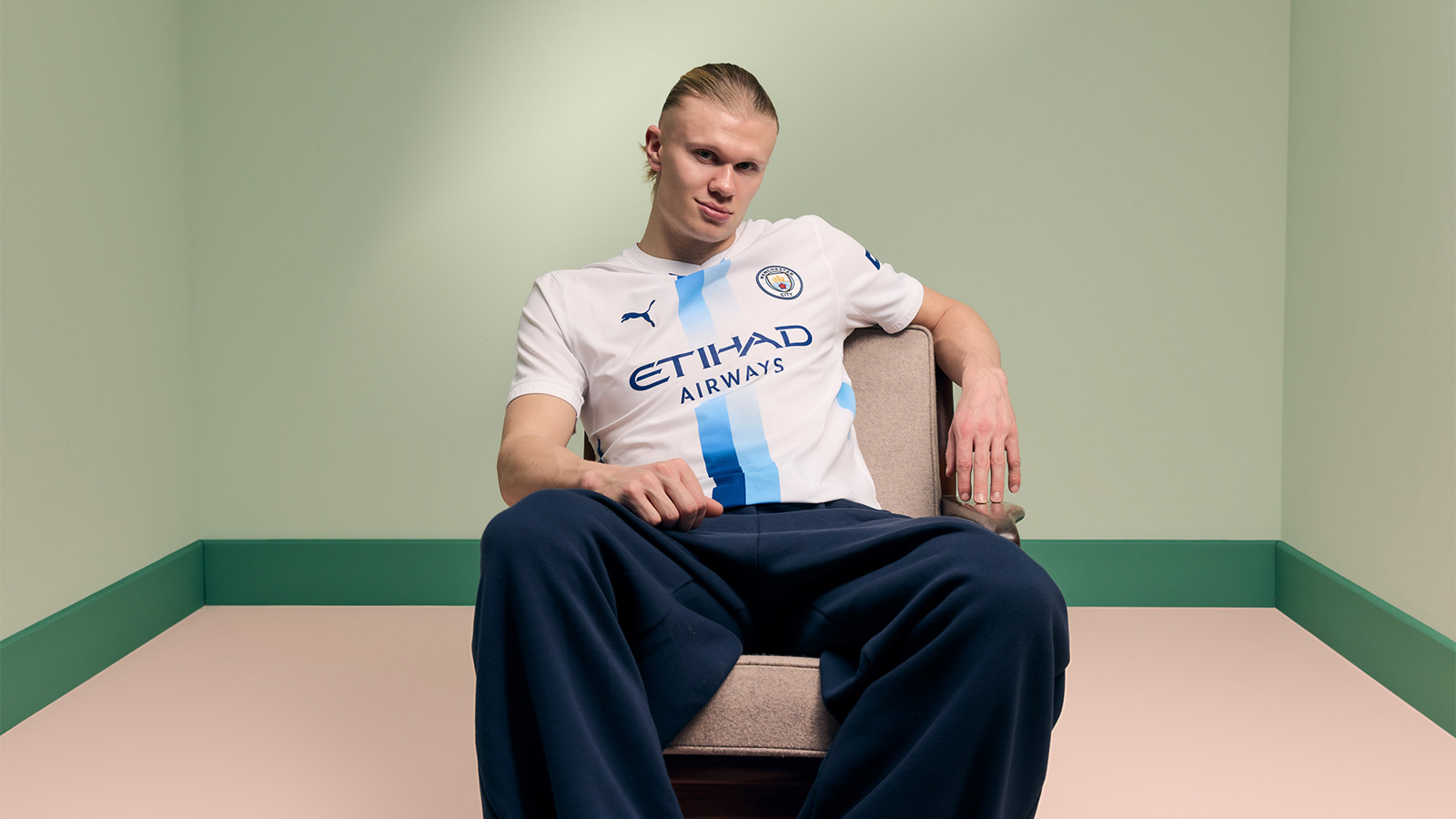 Erling Haaland seated, wearing the Manchester City 2026/27 PUMA third kit