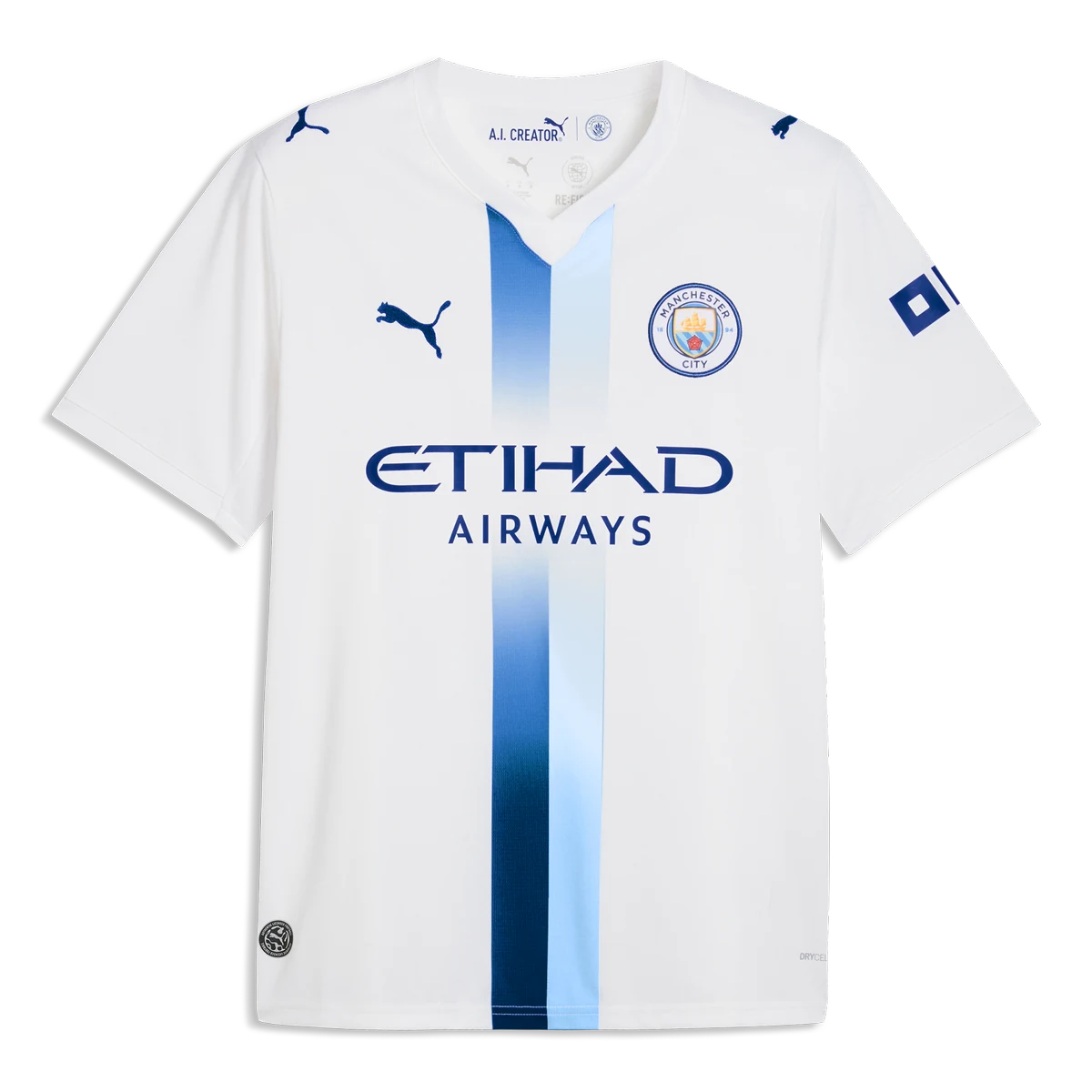 The Manchester City 2026/27 PUMA third shirt, white with a central two-tone sash, half sky blue and half navy